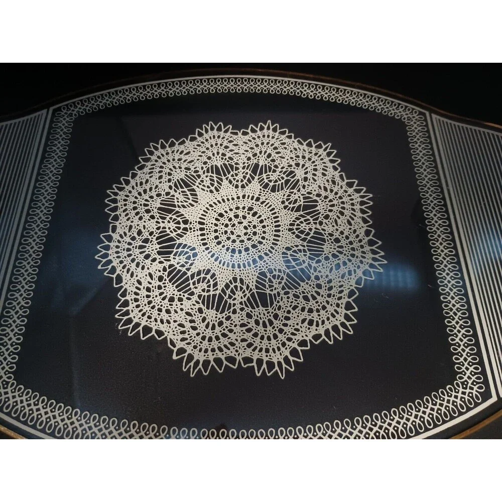 Vintage Glass Vanity Tray Oval White Doily Gold Rim